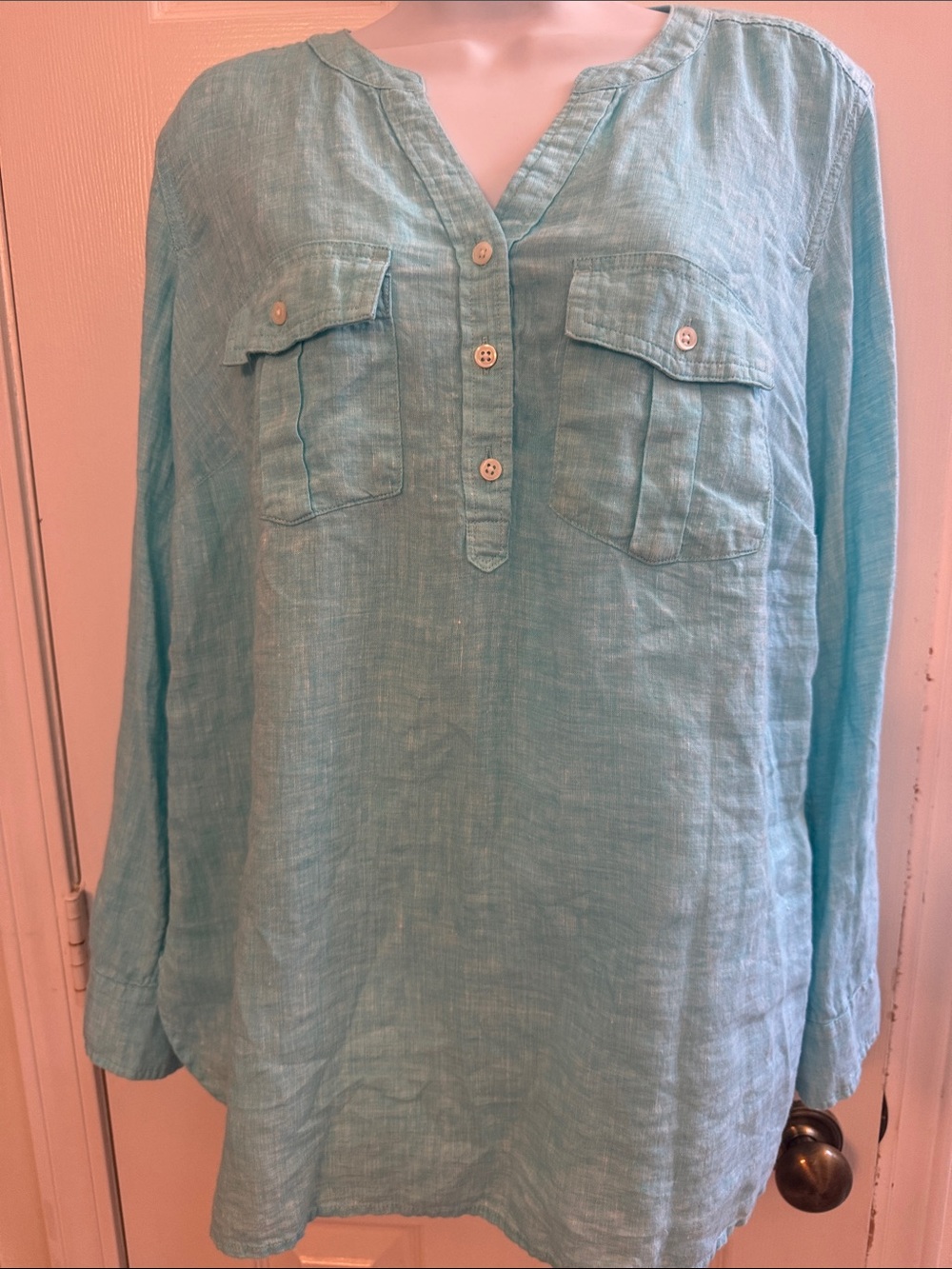 Talbots Aqua Button-Front Linen Tunic with Patch Pockets